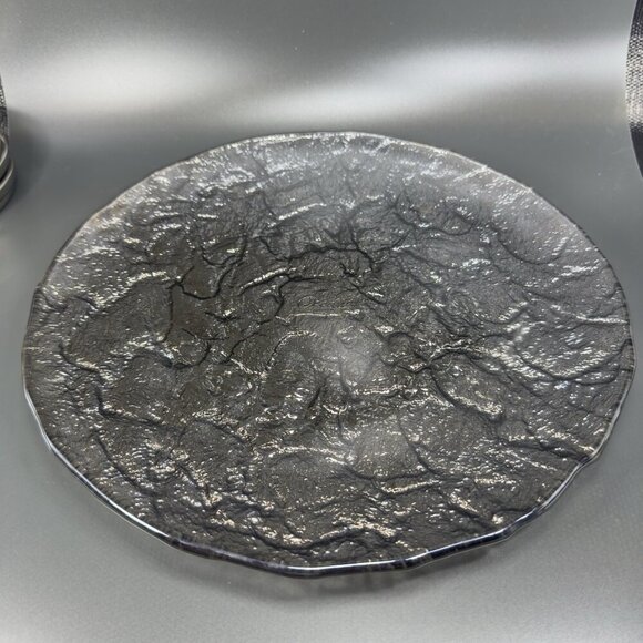 Vintage JSG Oceana Art Glass Metallic Black Texture Glass Dish Plate 11inch Wide - Picture 9 of 12